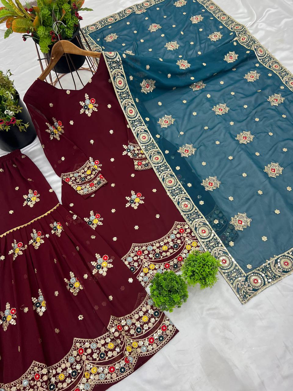 Marriage Special Maroon Color Faux Georgette With Embroidery Sequence Work Sharara Suit