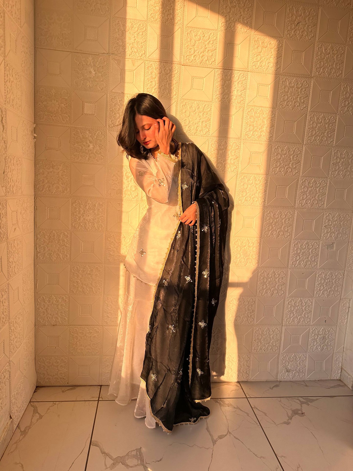 Wedding Black Color Embroidred Fredy Silk Sharara Suit With Dupatta