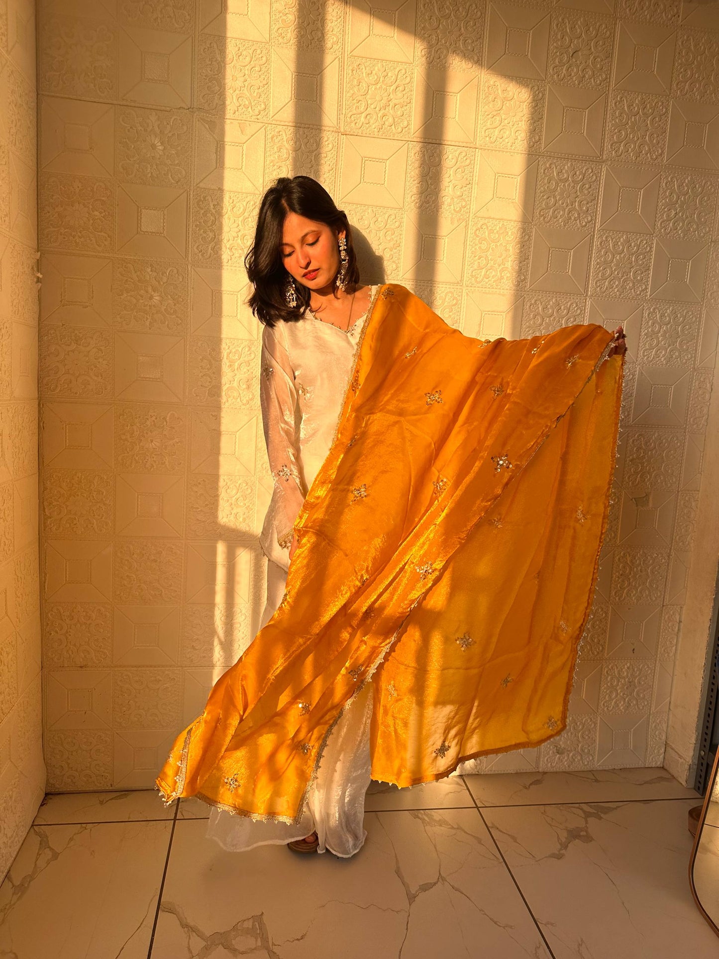 Wedding Yellow Color Embroidred Fredy Silk Sharara Suit With Dupatta