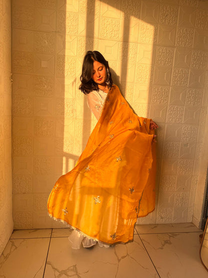 Wedding Yellow Color Embroidred Fredy Silk Sharara Suit With Dupatta