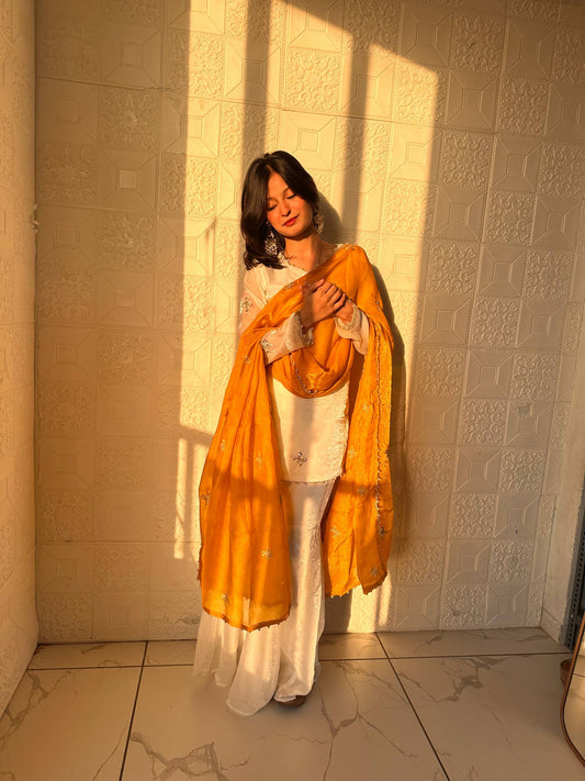 Wedding Yellow Color Embroidred Fredy Silk Sharara Suit With Dupatta