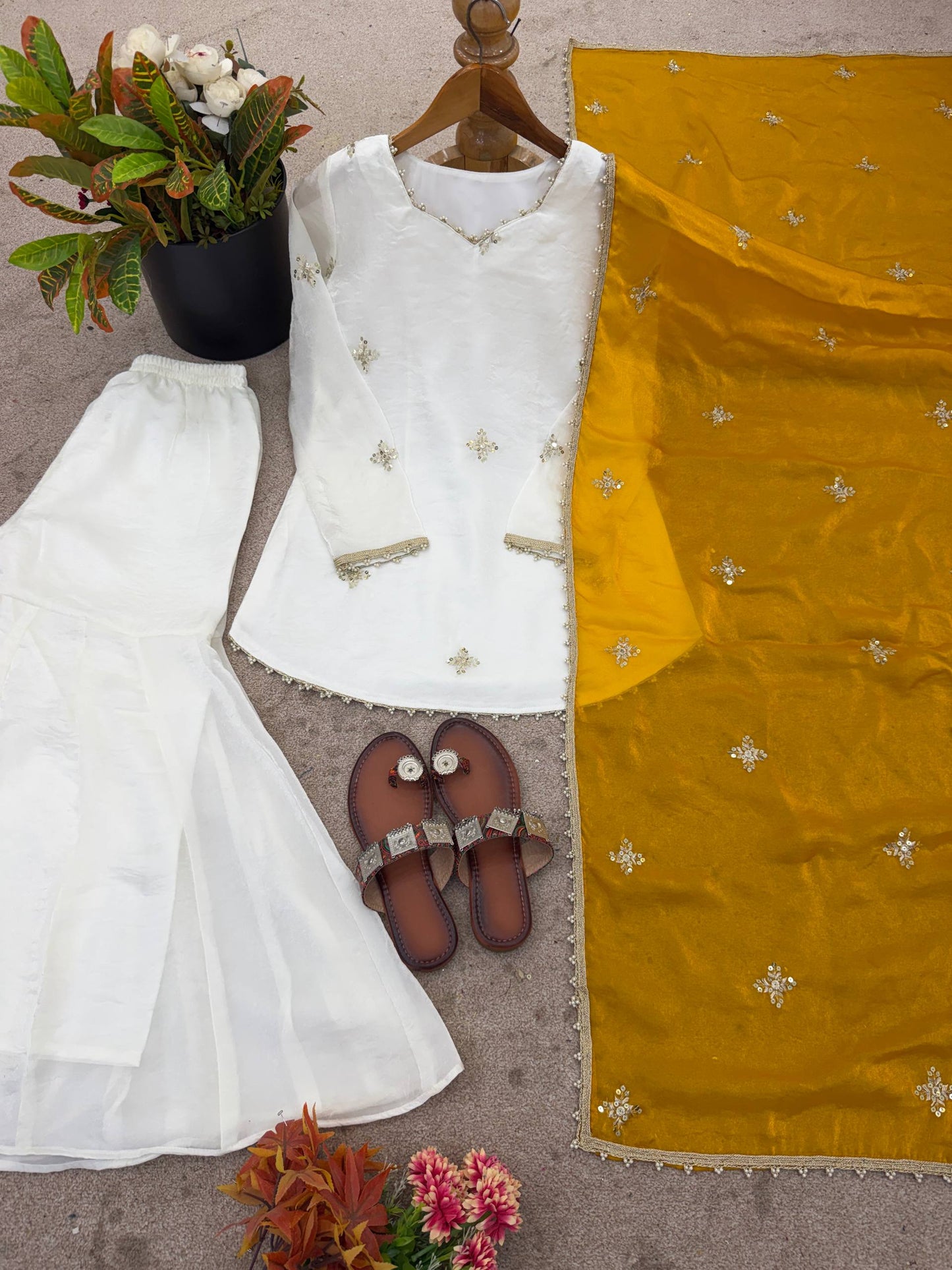 Wedding Yellow Color Embroidred Fredy Silk Sharara Suit With Dupatta