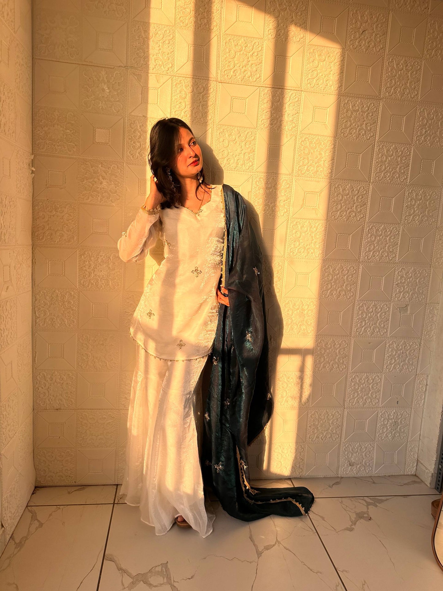 Wedding Teal Blue Color Embroidred Fredy Silk Sharara Suit With Dupatta