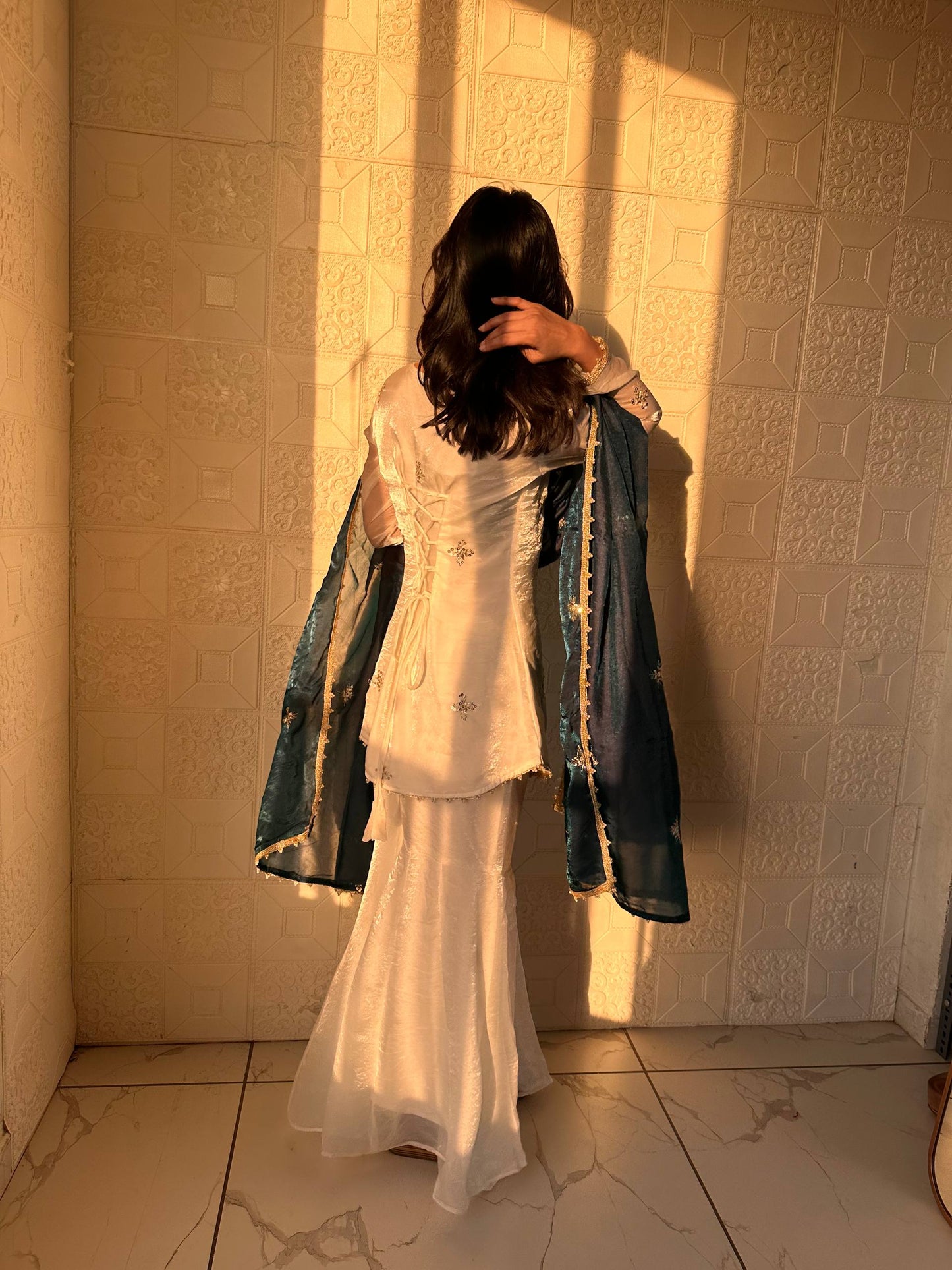Wedding Teal Blue Color Embroidred Fredy Silk Sharara Suit With Dupatta