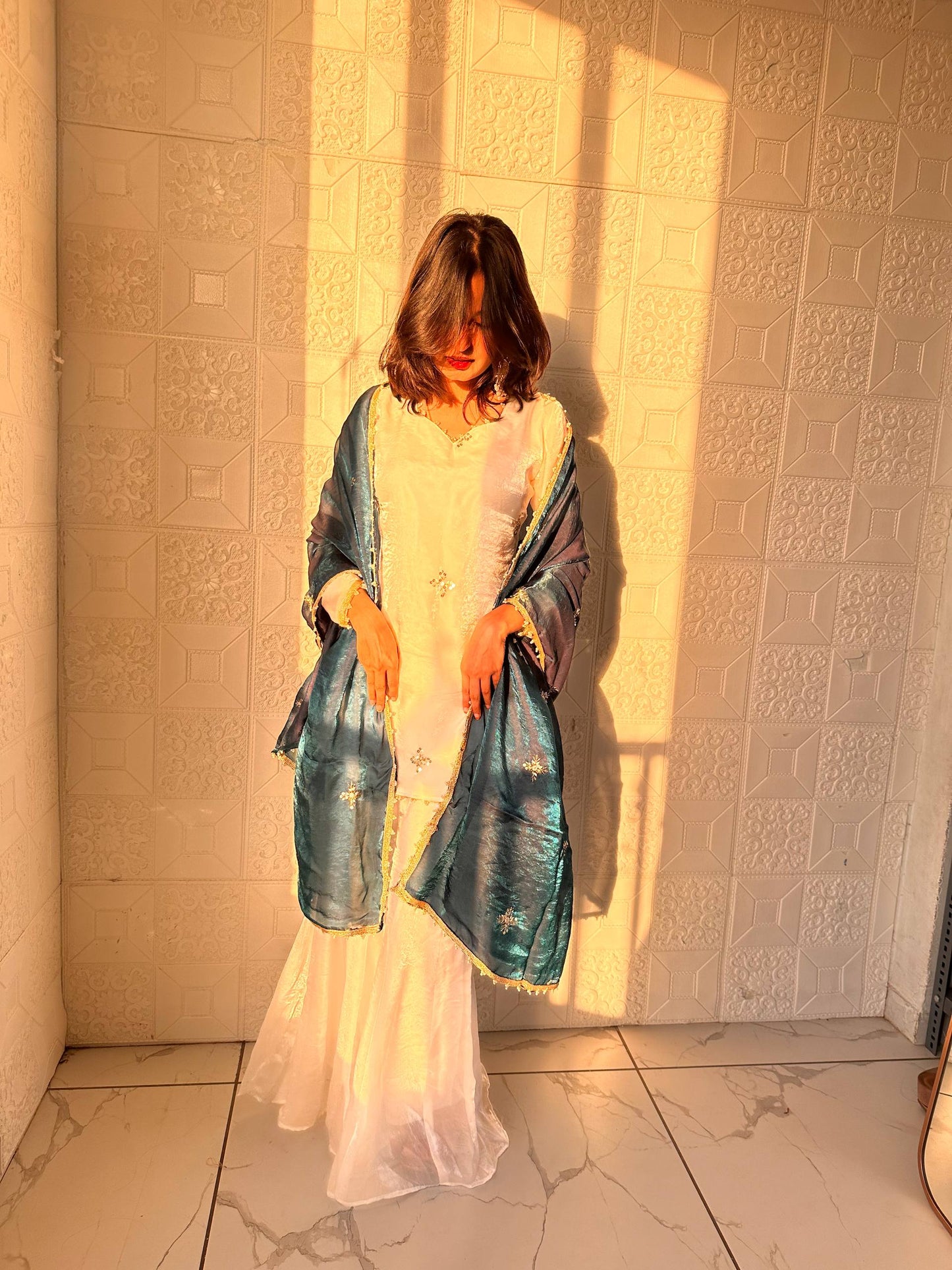Wedding Teal Blue Color Embroidred Fredy Silk Sharara Suit With Dupatta