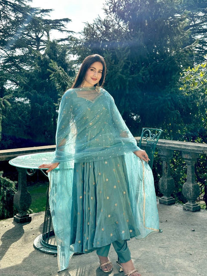 Wedding Wear Sky Blue Color Vichitra Silk Designer Anarkali Gown