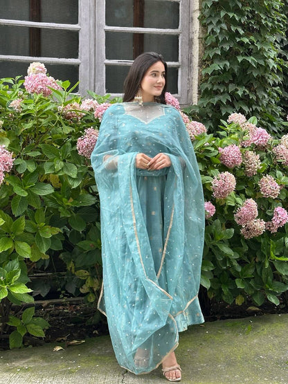 Wedding Wear Sky Blue Color Vichitra Silk Designer Anarkali Gown