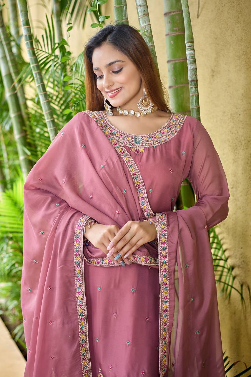 Reception Wear Pink Color Organza Silk Embroidery Work Salwar Suit