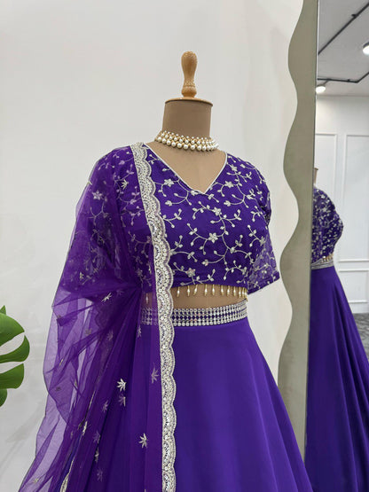 Beautiful Royal Blue Color Faux Georgette With Thread And Sequence Work Lehenga Choli