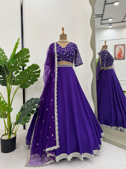 Beautiful Royal Blue Color Faux Georgette With Thread And Sequence Work Lehenga Choli