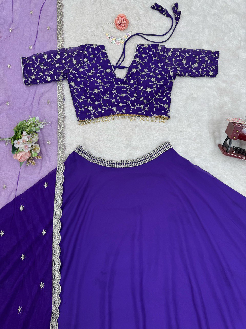 Beautiful Royal Blue Color Faux Georgette With Thread And Sequence Work Lehenga Choli