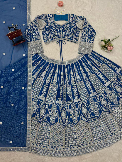 Beautiful Sky Blue Color Faux Georgette And Coding Dori With Sequence Work Lehenga Choli