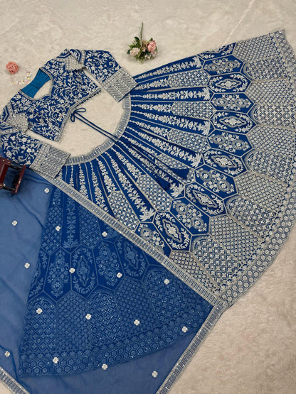 Beautiful Sky Blue Color Faux Georgette And Coding Dori With Sequence Work Lehenga Choli