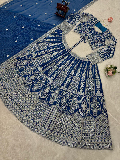 Beautiful Sky Blue Color Faux Georgette And Coding Dori With Sequence Work Lehenga Choli