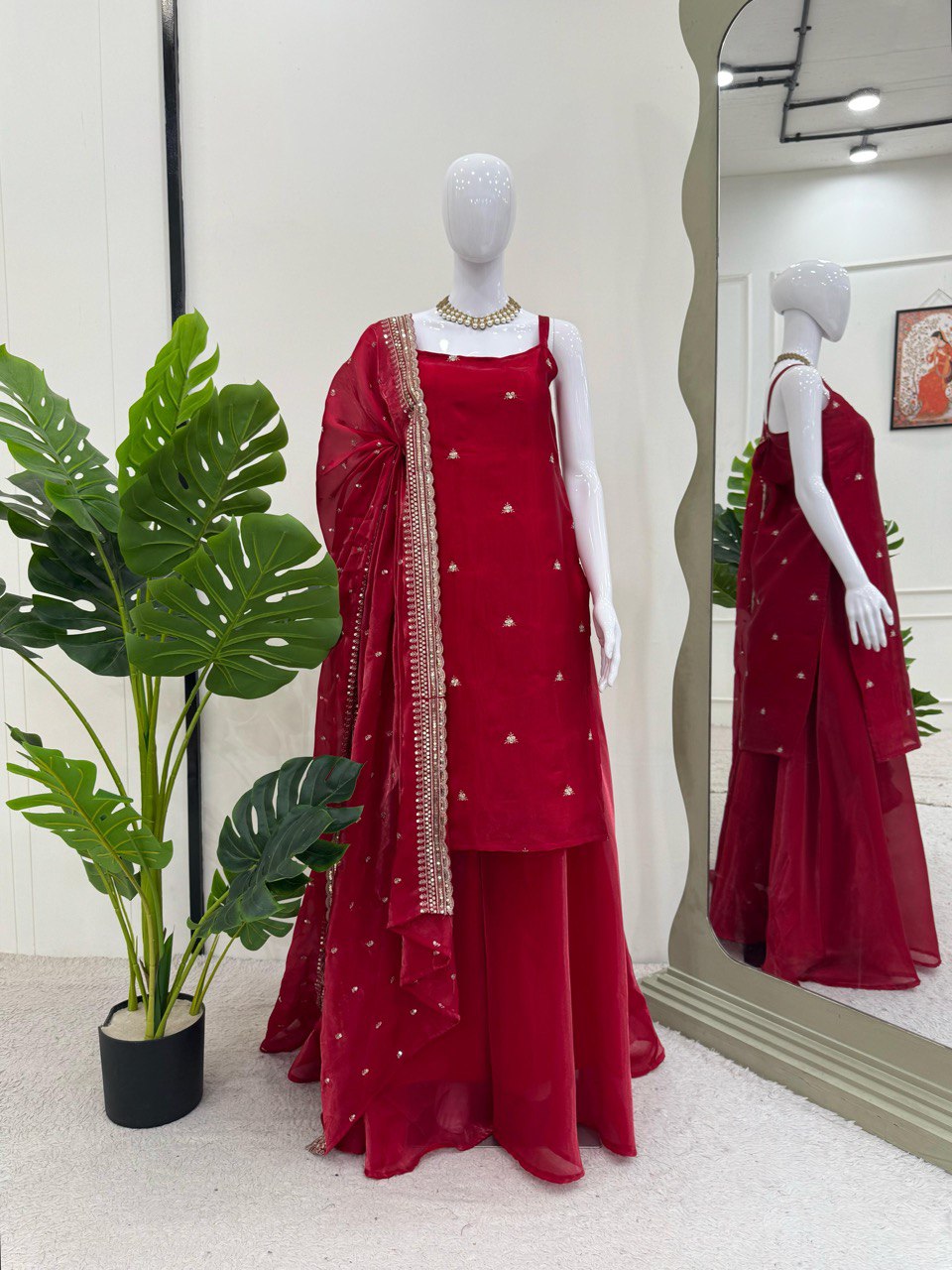 Party Wear Dark Red Color Jimmy Choo And Thread With Sequence Work Palazzo Suit