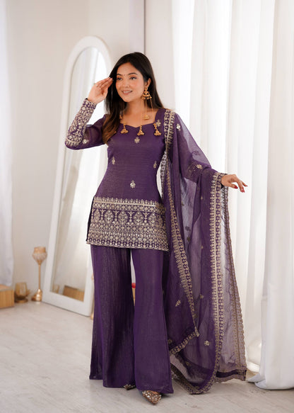 Arti Chauhan Purple Color Crunchy Silk Kurta Set With Bell Bottom Pant