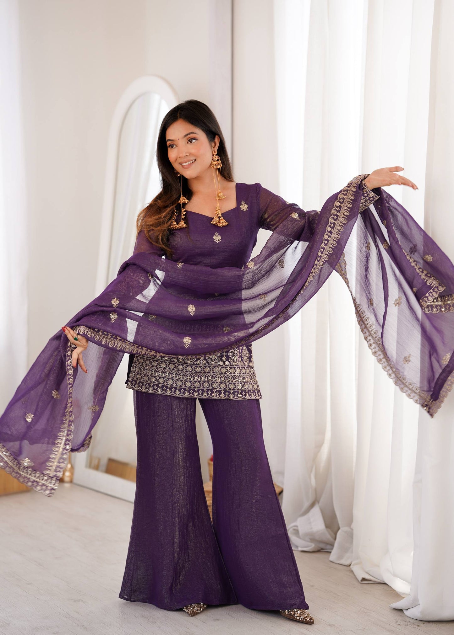 Arti Chauhan Purple Color Crunchy Silk Kurta Set With Bell Bottom Pant