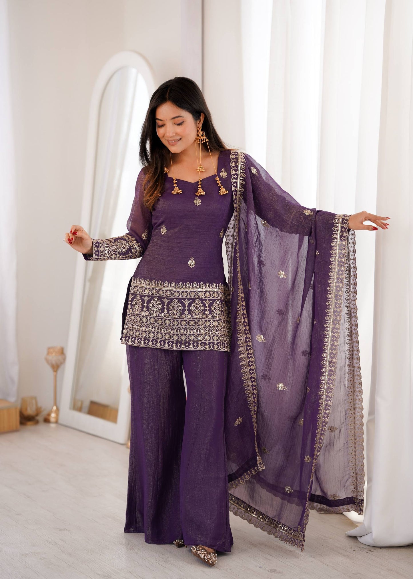 Arti Chauhan Purple Color Crunchy Silk Kurta Set With Bell Bottom Pant