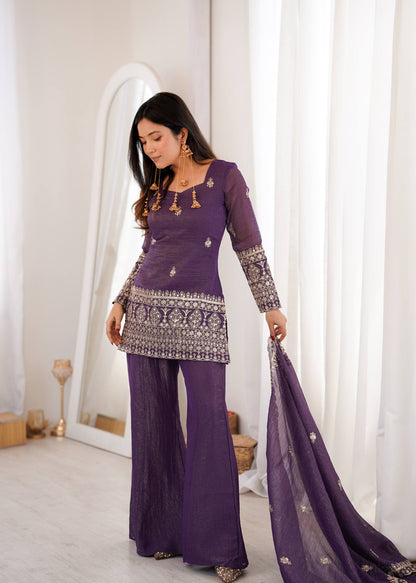 Arti Chauhan Purple Color Crunchy Silk Kurta Set With Bell Bottom Pant