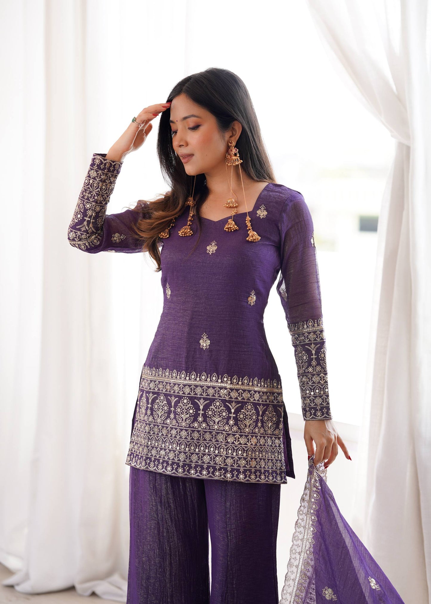 Arti Chauhan Purple Color Crunchy Silk Kurta Set With Bell Bottom Pant