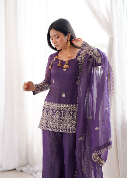 Arti Chauhan Purple Color Crunchy Silk Kurta Set With Bell Bottom Pant