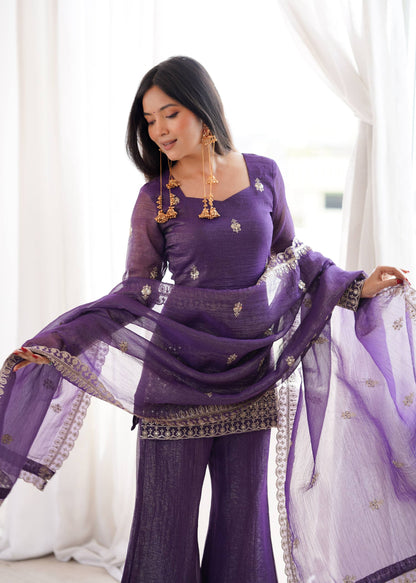 Arti Chauhan Purple Color Crunchy Silk Kurta Set With Bell Bottom Pant