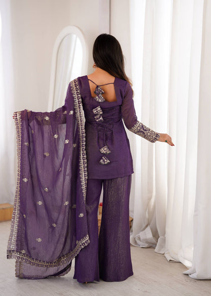 Arti Chauhan Purple Color Crunchy Silk Kurta Set With Bell Bottom Pant