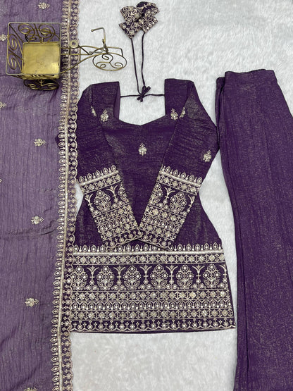Arti Chauhan Purple Color Crunchy Silk Kurta Set With Bell Bottom Pant