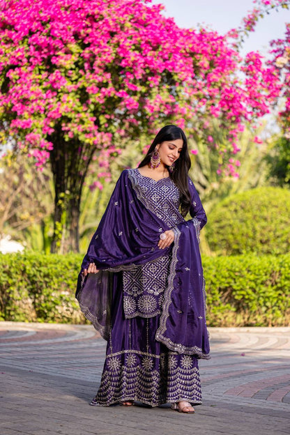 Wedding Wear Royal Blue Color Chinon Embroidery Thread And Sequence Work Palazzo Suit