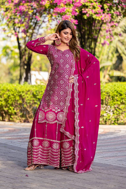 Wedding Wear Pink Color Chinon Embroidery Thread And Sequence Work Palazzo Suit