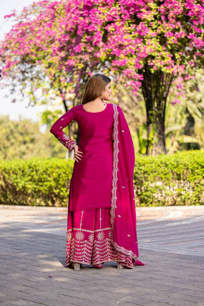 Wedding Wear Pink Color Chinon Embroidery Thread And Sequence Work Palazzo Suit