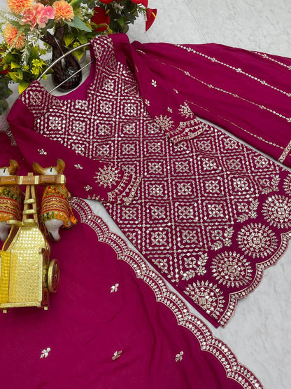 Wedding Wear Pink Color Chinon Embroidery Thread And Sequence Work Palazzo Suit