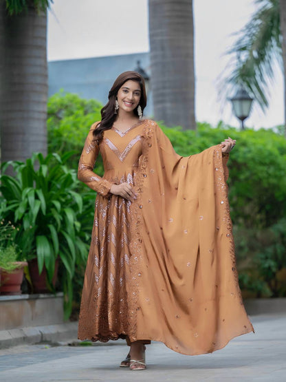 Party Wear Golden Color Pure Chinon Silk With 5mm Sequence Embroidery Work Anarkali Suit