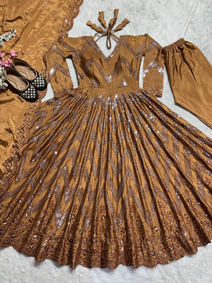 Party Wear Golden Color Pure Chinon Silk With 5mm Sequence Embroidery Work Anarkali Suit