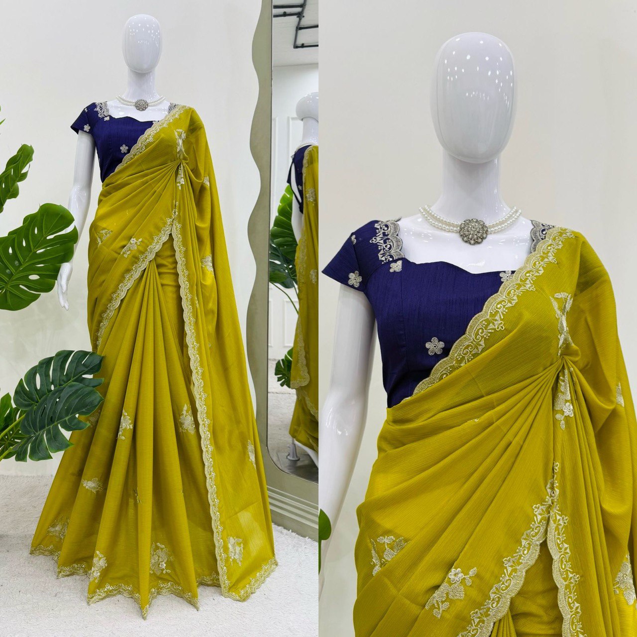 Wedding Wear Mustard Color Chiffon With Thread Work Designer Gown