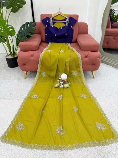 Wedding Wear Mustard Color Chiffon With Thread Work Designer Gown