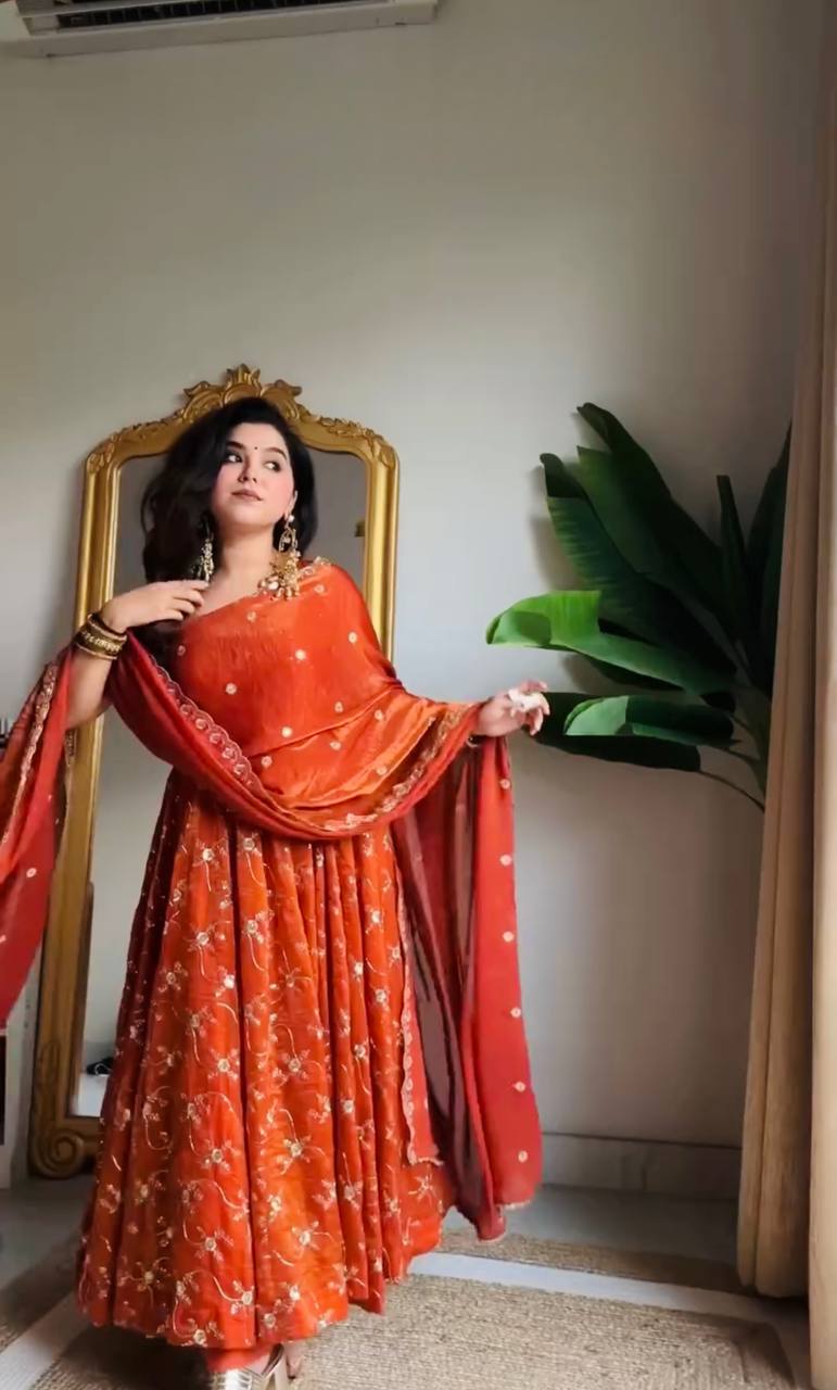 Neha's Orange Color Designer Embroidered Anarkali Suit Set
