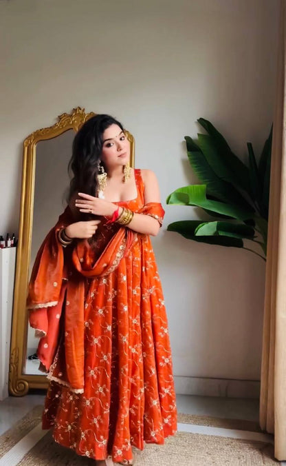 Neha's Orange Color Designer Embroidered Anarkali Suit Set