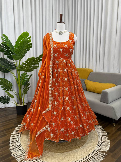 Neha's Orange Color Designer Embroidered Anarkali Suit Set