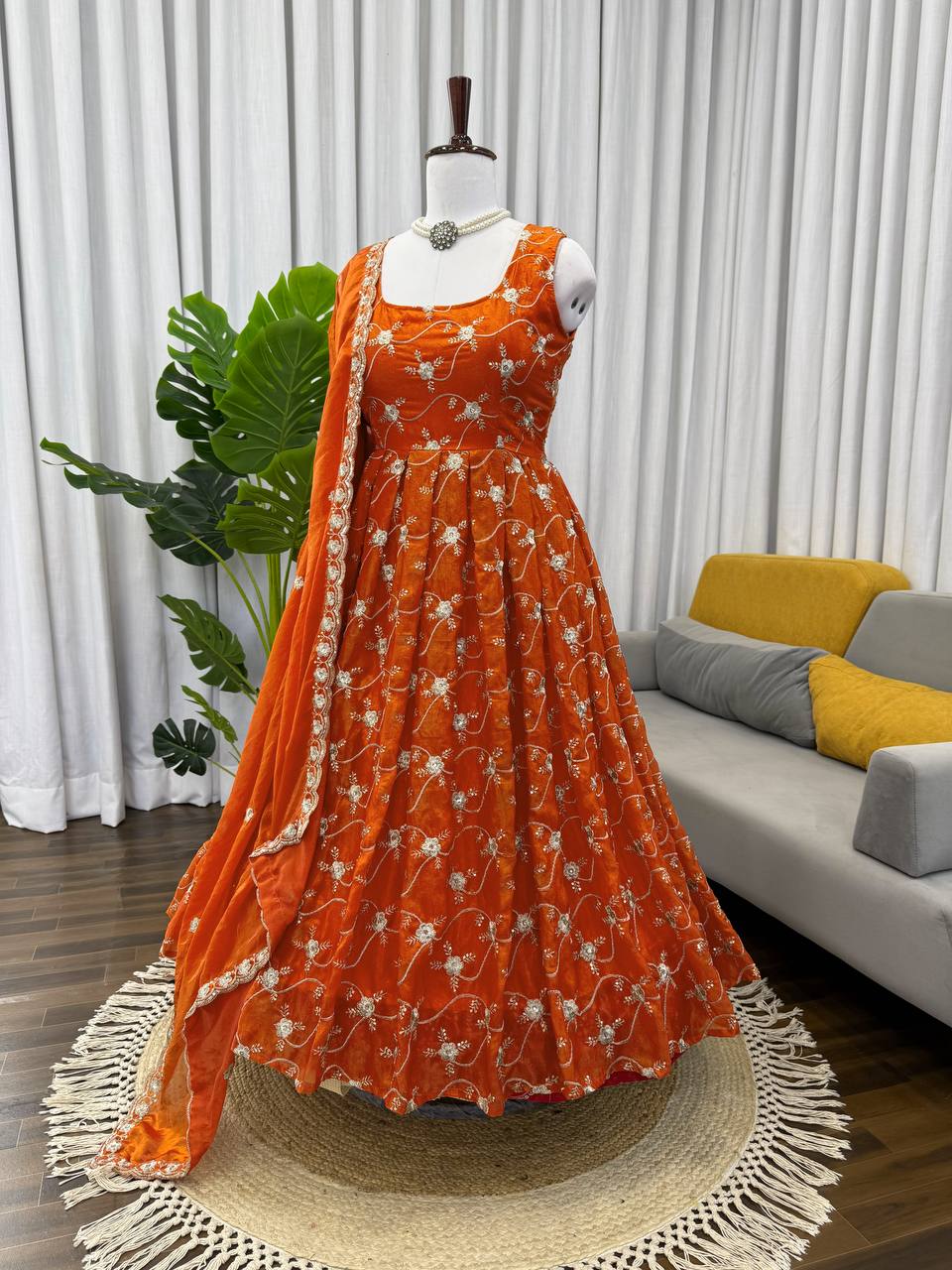Neha's Orange Color Designer Embroidered Anarkali Suit Set