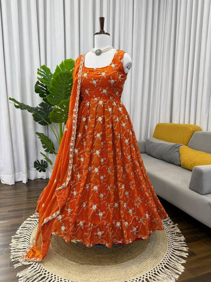 Neha's Orange Color Designer Embroidered Anarkali Suit Set