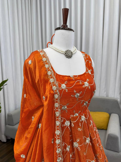 Neha's Orange Color Designer Embroidered Anarkali Suit Set