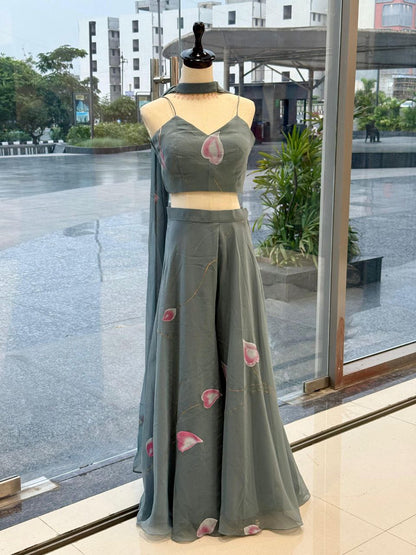 Festive Wear Light Green Color Pure Georgette Hand-Painted Palazzo Set