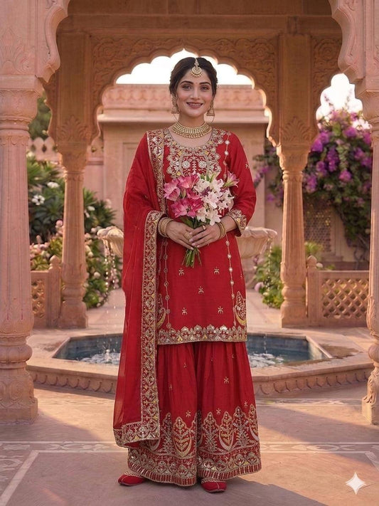 Wedding Wear Red Color Chinon Silk With Heavy Embroidery Work Sharara Suit