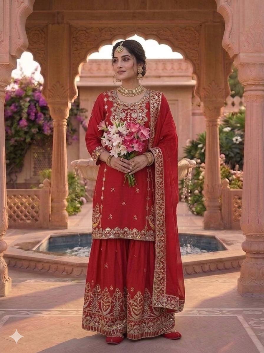 Wedding Wear Red Color Chinon Silk With Heavy Embroidery Work Sharara Suit