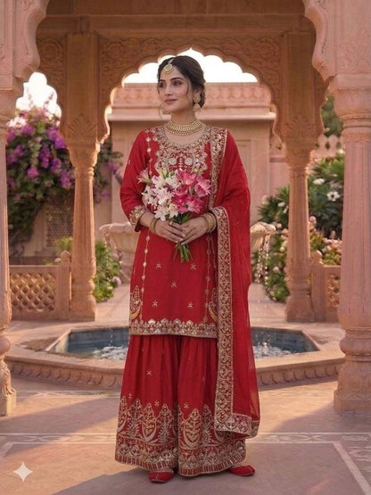 Wedding Wear Red Color Chinon Silk With Heavy Embroidery Work Sharara Suit