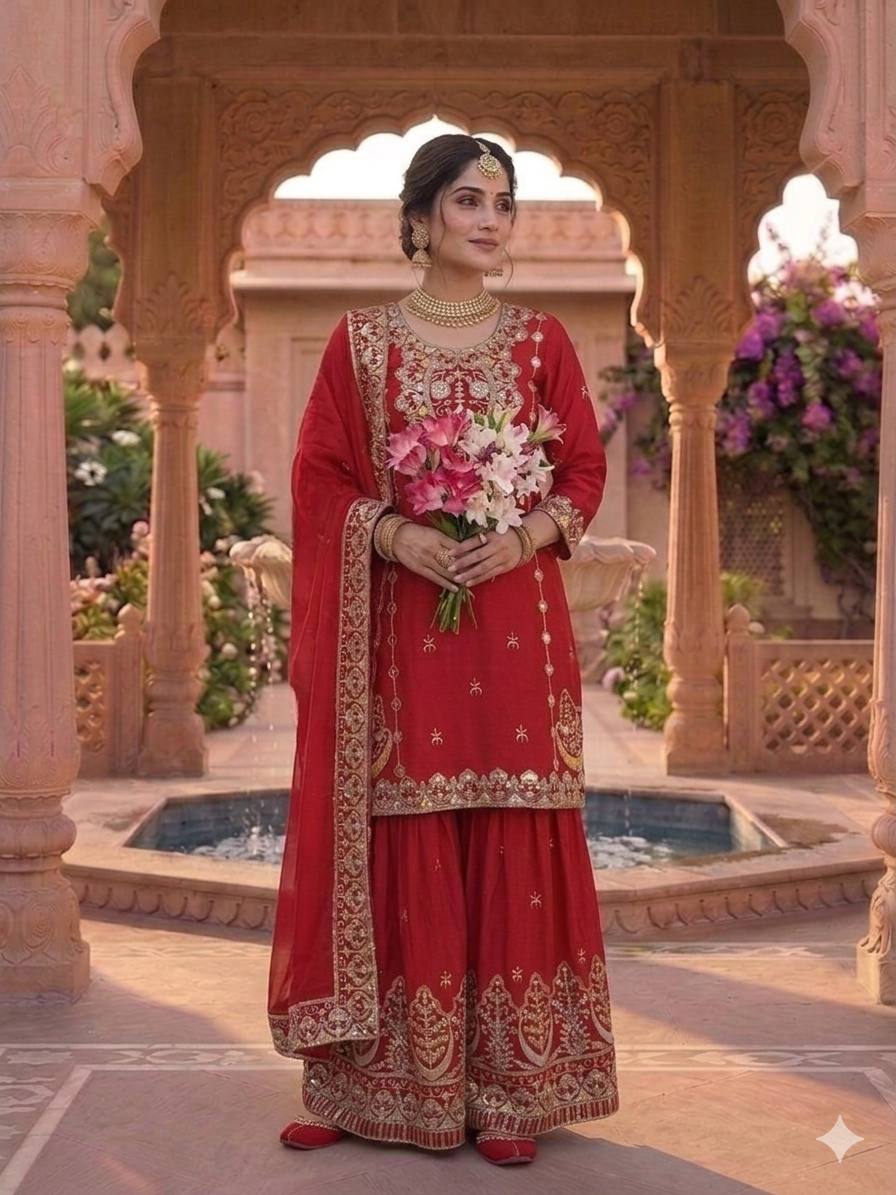 Wedding Wear Red Color Chinon Silk With Heavy Embroidery Work Sharara Suit