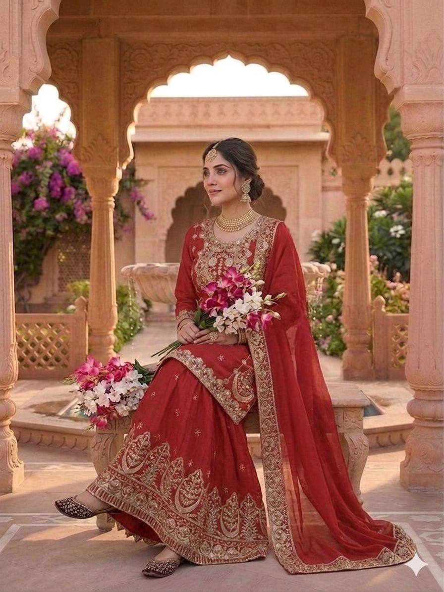 Wedding Wear Red Color Chinon Silk With Heavy Embroidery Work Sharara Suit