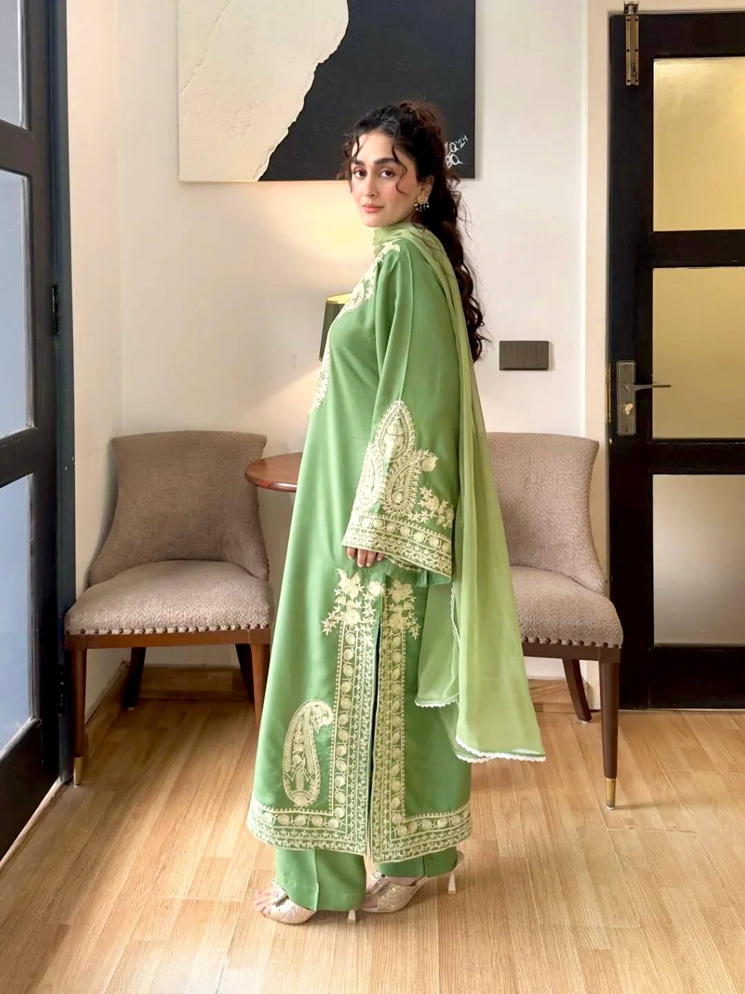 Designer Green Color Organza Silk Wedding Wear Palazzo Suit