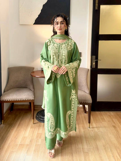 Designer Green Color Organza Silk Wedding Wear Palazzo Suit